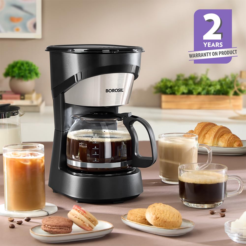 Borosil Brew Pro Drip Coffee Machine with Borosilicate Glass Carafe (600 ml) | 550W Coffeemaker | 6 Cups Capacity | Anti-Drip Function, Auto Shutoff, Keep Warm Plate | 2 Years Warranty | Black