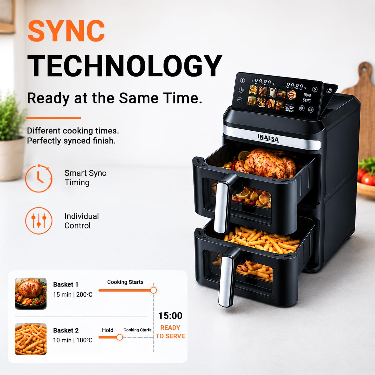INALSA Double Basket Air Fryer 2800W & 14 L (7L+7L) Large Capacity |Non Toxic,BPA Free|PFOA Food Safety Certified|Cook 2 Full Meals Together|Flip Digital Screen|NutriFry DuoSlim