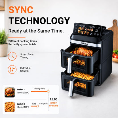INALSA Double Basket Air Fryer 2800W & 14 L (7L+7L) Large Capacity |Non Toxic,BPA Free|PFOA Food Safety Certified|Cook 2 Full Meals Together|Flip Digital Screen|NutriFry DuoSlim