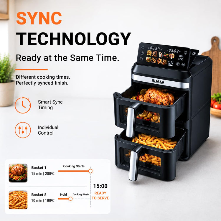 INALSA Double Basket Air Fryer 2800W & 14 L (7L+7L) Large Capacity |Non Toxic,BPA Free|PFOA Food Safety Certified|Cook 2 Full Meals Together|Flip Digital Screen|NutriFry DuoSlim