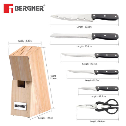 BERGNER Shark Stainless Steel 8 Pcs Knife Set - Chef Knife, Bread Knife, Boning Knife, Utility Knife, Paring Knife, Sharpener, Scissor and Wooden Block, Durable and Sharp Blade, Soft Touch Handle