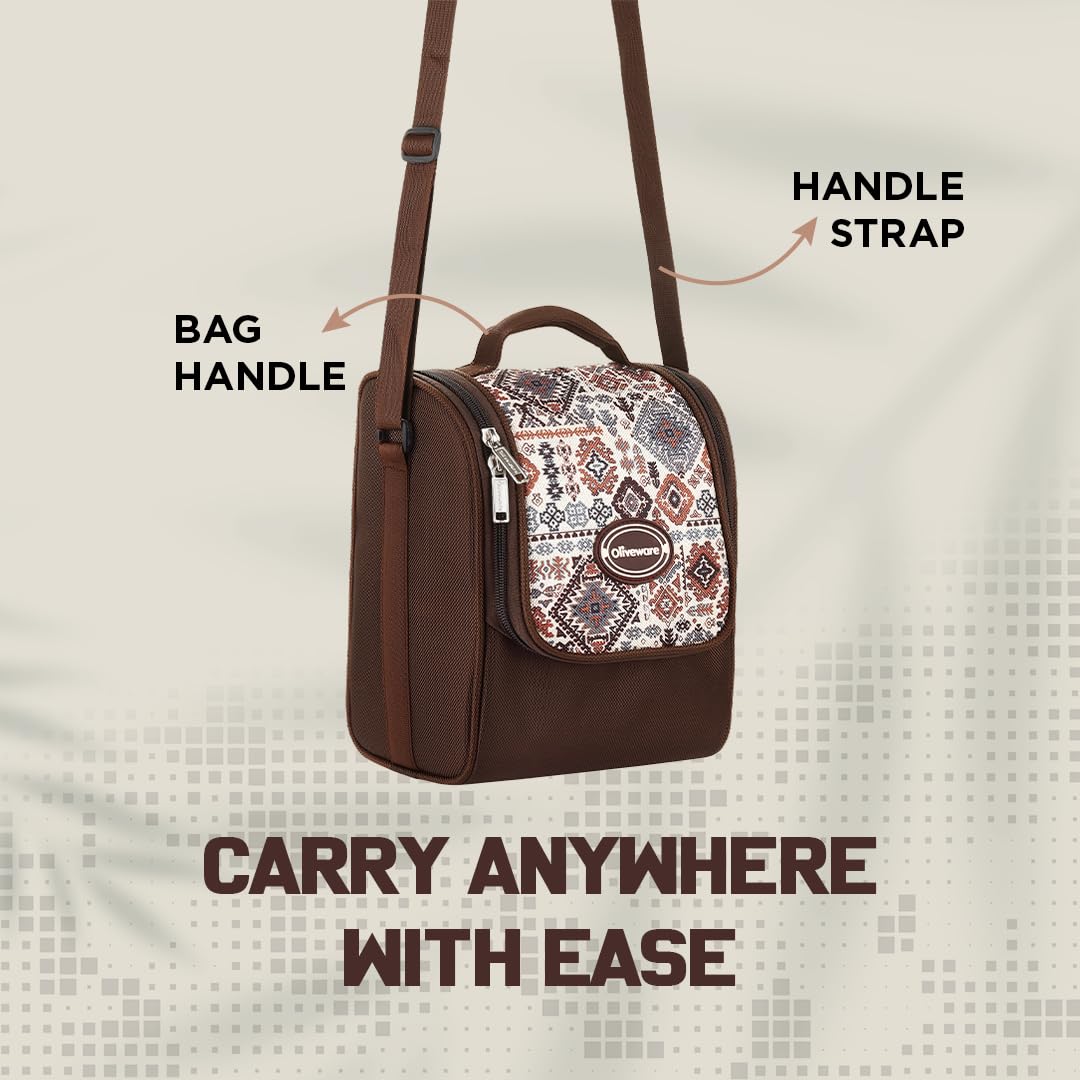 Oliveware TESO Musk Lunch Box | 3 Microwave-Safe Containers (2×420ml, 1×620ml) + 750ml Steel Bottle + 130ml Pickle Box + Steel Cutlery | Premium Carry Bag | Freezer & Dishwasher Safe (Brown)