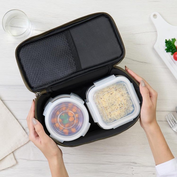 Borosil Eateasy Universal Borosilicate Glass Lunchbox with Bag | Set of 4 (320ml x 2 Square + 240ml x 2 Round) | Microwave & Dishwasher Safe, Leakproof | Tiffin for Office, School | Transparent