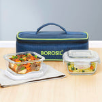 Borosil Klip n Store Lunchbox with Bag | Set of 2 Square Container (320ml Each) | Made in India Borosilicate Glass | Microwave & Dishwasher Safe | Tiffin for Office/School/College | Horizontal
