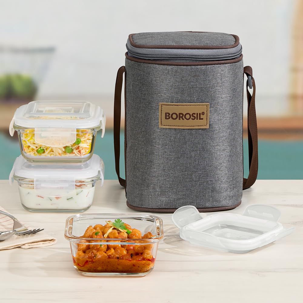 Borosil Pro Borosilicate Glass Lunchbox with Bag | 3 pc Square Container Set (320 ml Each) | Microwave & Dishwasher Safe, Leakproof | Tiffin for Office, School, College | Transparent