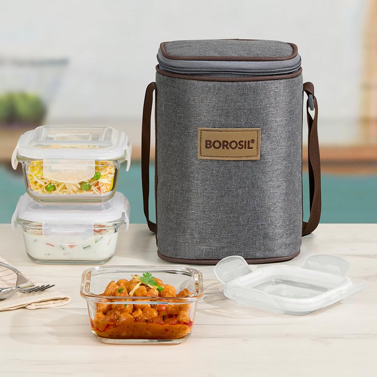 Borosil Pro Borosilicate Glass Lunchbox with Bag | 3 pc Square Container Set (320 ml Each) | Microwave & Dishwasher Safe, Leakproof | Tiffin for Office, School, College | Transparent