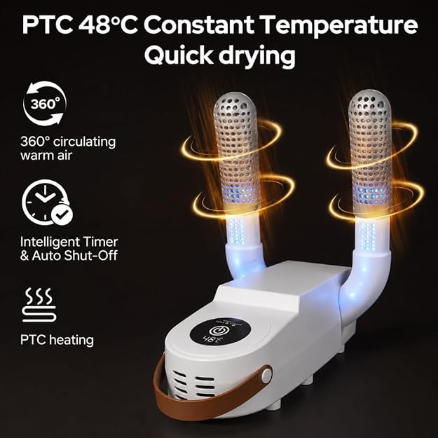 Electric Shoe Dryer with UV-C Sterilisation | 48°C PTC Heating | 360° Warm Air Circulation | Intelligent Timer & Auto Shut-Off | Foldable Portable Shoe & Boot Warmer | Odour & Moisture Remover | White