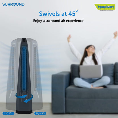 Symphony Surround High Speed Bladeless Technology Tower Fan for Home With Swivel Action, Dust Filter, and Low Power Consumption (Grey)