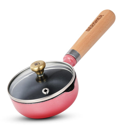 BERGNER Excalibur Lightweight Cast Iron Tadka Pan with Lid 12cm, Non-Stick Vaghar Pan, PFAS Free, Perfect Heat Distribution, Elegant Design, Silicone Grips - Induction and Gas Stove Ready (Pink)