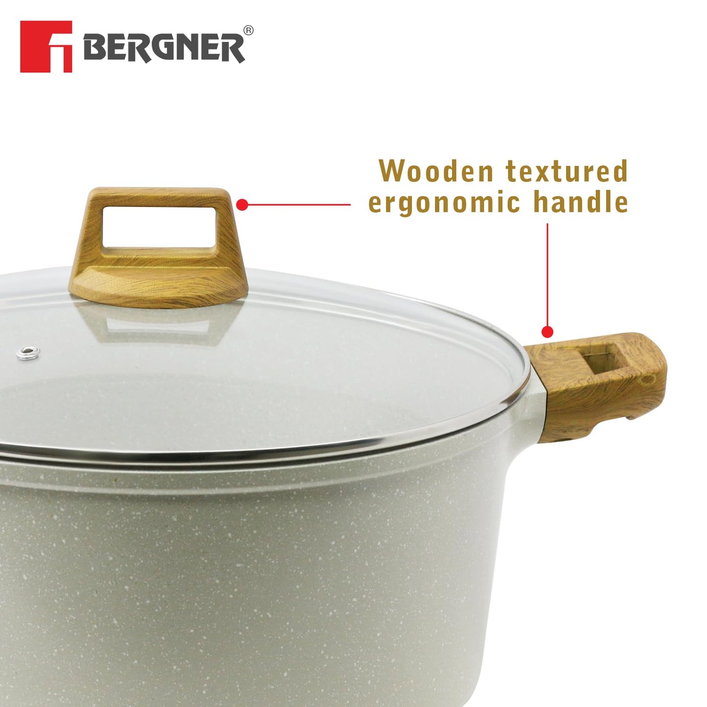 Bergner Naturally Cast Aluminum 32cm (9 L) Casserole with Glass Lid, Marble Non-Stick Coating, Less Oil Use, Scratch Resistant, Soft Touch Stylish Handles - Induction Bottom, Free Non-Woven Trivet