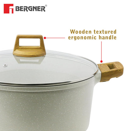 Bergner Naturally Cast Aluminum 32cm (9 L) Casserole with Glass Lid, Marble Non-Stick Coating, Less Oil Use, Scratch Resistant, Soft Touch Stylish Handles - Induction Bottom, Free Non-Woven Trivet