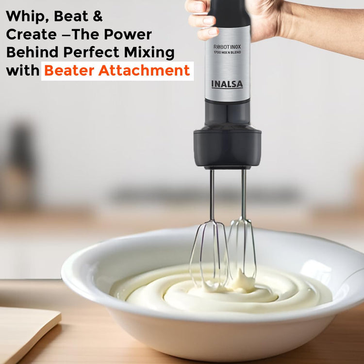 INALSA Hand Blender Mixer|1700W Copper Motor|Chopper,Dough Maker,Whisker & Jar Attachment|Low Noise|20 Speed Control & Turbo Function|BPA Free|Anti-Splash|2 Yr Warranty,Robot Inox 1700 Mix N Blend