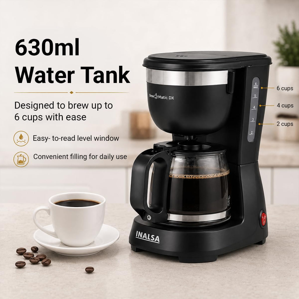 INALSA 6 Cups 650-Watt Coffee Maker with Anti Drip & Keep Warm Function|Overheat Protection|See Through 680 ML Carafe|630 ML Water Tank Capacity|Reusable Coffee Filter(Brew Matic DX)