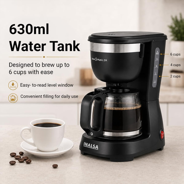 INALSA 6 Cups 650-Watt Coffee Maker with Anti Drip & Keep Warm Function|Overheat Protection|See Through 680 ML Carafe|630 ML Water Tank Capacity|Reusable Coffee Filter(Brew Matic DX)