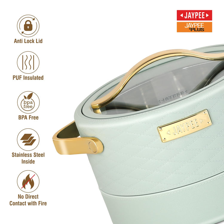JAYPEE Luxura Klass Set Inner Steel Serving Casserole Set of 3 Toughened Glass Lid Advanced PU Insulated 100% Food Grade Lockable Hot Box Easy to Keep Roti, Pulao & More|1500, 2000, 2500 ml,Green