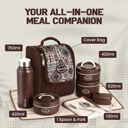 Oliveware TESO Musk Lunch Box | 3 Microwave-Safe Containers (2×420ml, 1×620ml) + 750ml Steel Bottle + 130ml Pickle Box + Steel Cutlery | Premium Carry Bag | Freezer & Dishwasher Safe (Brown)