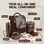 Oliveware TESO Musk Lunch Box | 3 Microwave-Safe Containers (2×420ml, 1×620ml) + 750ml Steel Bottle + 130ml Pickle Box + Steel Cutlery | Premium Carry Bag | Freezer & Dishwasher Safe (Brown)