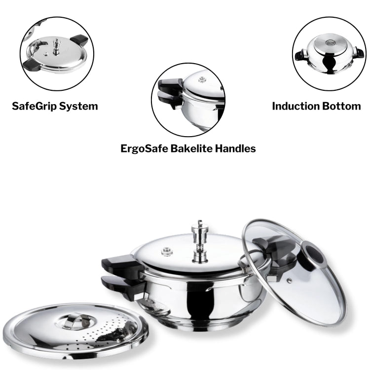 Vinod Magic Stainless Steel Smart 3 in 1 Pressure Cooker 3.5 Litre | 5mm Thick Base | All in One Cooker with Strainer & Glass Lid | Induction and Gas Base | ISI certified | 2 Years Warranty