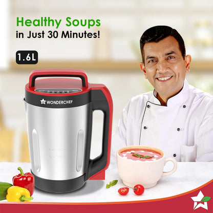 Wonderchef Neo Automatic Soup Maker|1.6 Litre|900 Watts Heater|SS Blades and Jug|5 Pre-Set Functions|Red|Black|Steel|One Touch Operation|Touch Control Panel|30 Minute Cook Time|2 Years Warranty