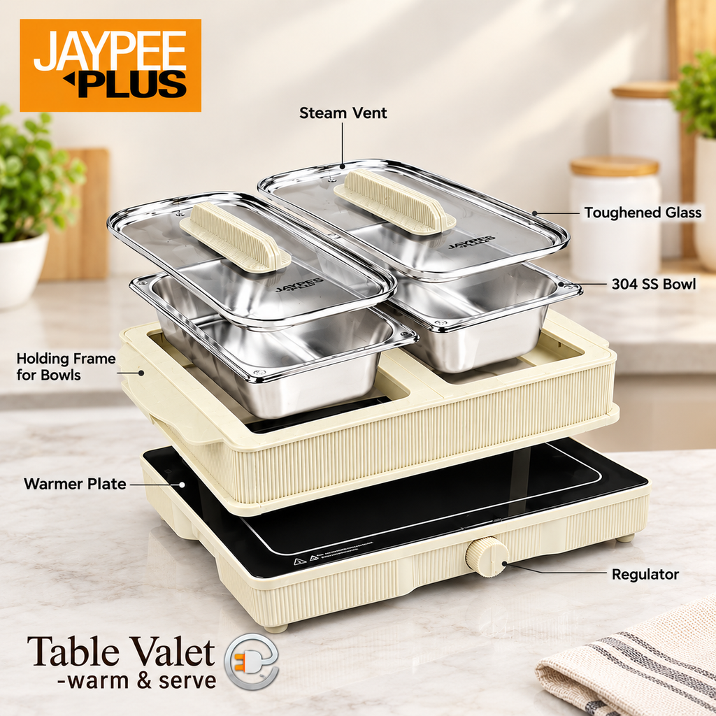 Jaypee Plus Table Valet Food Warmer & Serving Hot Plate 150W with Toughened Glass Top, Adjustable Heat Regulator & Stainless Steel Bowl Compatibility(1.8LTR each)