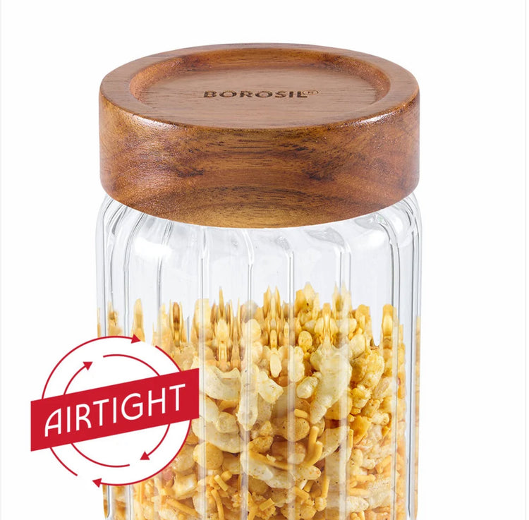 Borosil Glass Jar with Acacia Wood Lid | Borosilicate Glass Storage Jar for Dry Fruits, Spices & Snacks | Airtight Glass Container for Kitchen & Pantry-600ml