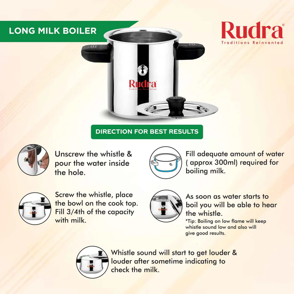 Rudra Stainless Steel Milk Boiler 2 Litre | Premium Induction & Gas Compatible Milk Heating Pot with Whistle Alert | Heavy Gauge Stainless Steel Milk Boiler for Home Kitchen