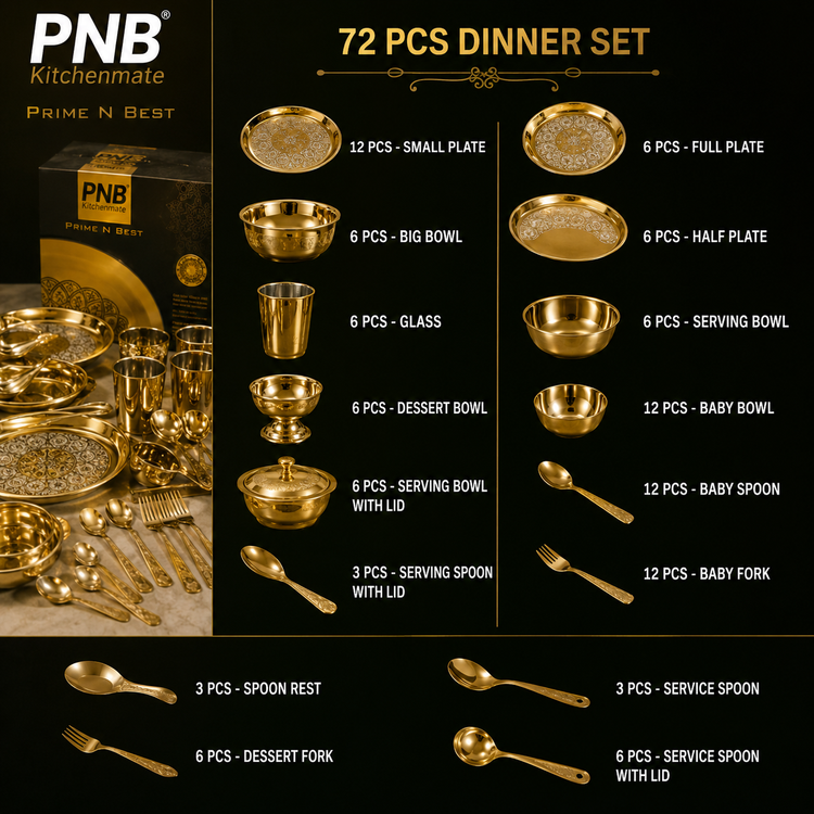 PNB Kitchenmate ZODIAC 72 Pcs Stainless Steel Dinner Set | Heavy Quality Double Wall PVD Gold Coated Dinner Set | Premium Full & Half Plates, Bowls, Glasses, Spoons & Forks | Lifetime Guarantee