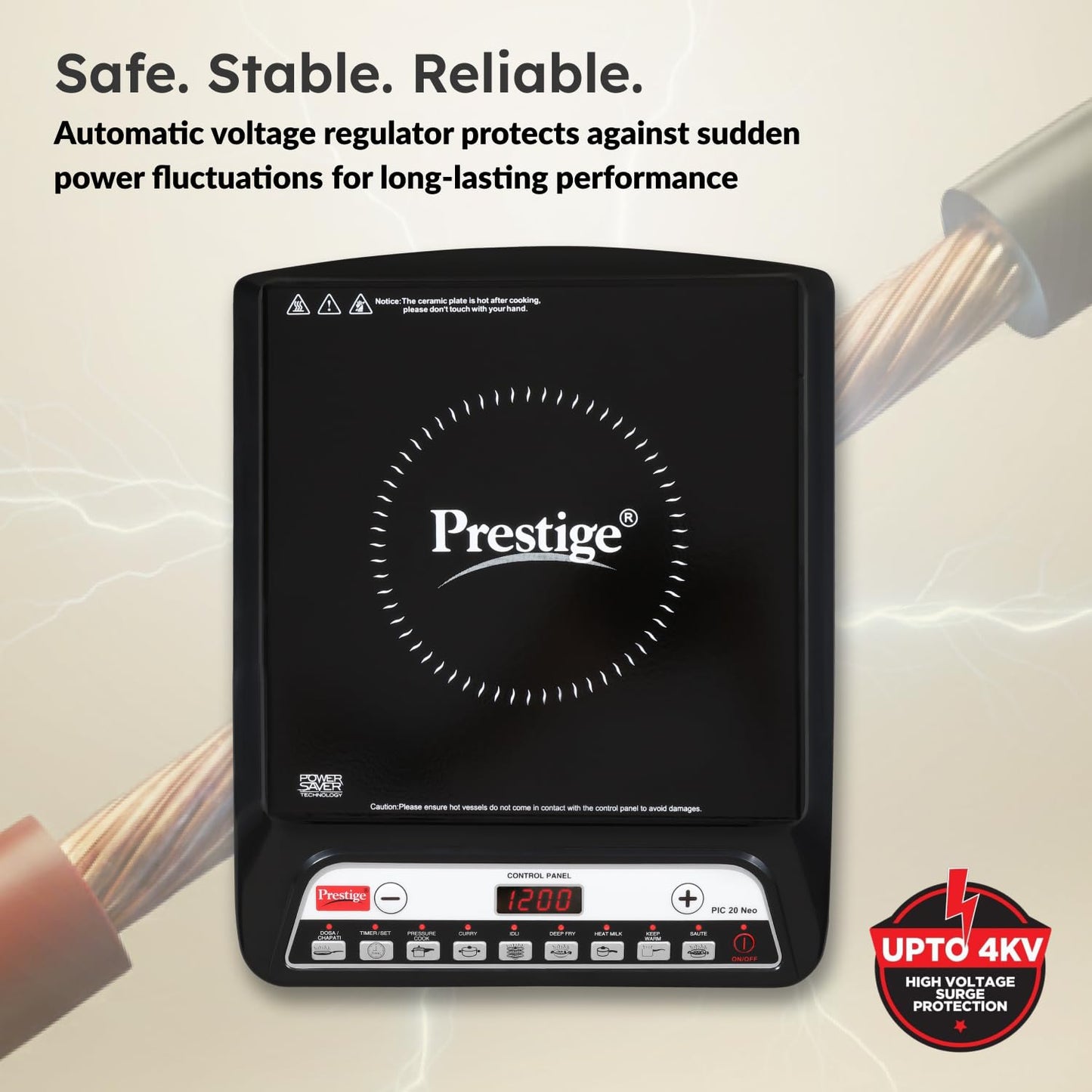 Prestige Pic 20 Neo Induction Cooktop 1600W|Indian Menu Options| Automatic Voltage Regulator| Timer With User Pre-Set, Manual, Black
