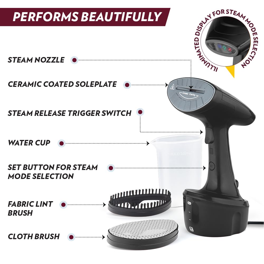 Borosil 1600W Handheld Garment Steamer | Ceramic Coated Soleplate | Dual Steam Modes (Horizontal & Vertical Ironing) | 120ml Detachable Water Tank | Overheat Protection | 2 Year Warranty (GS02)