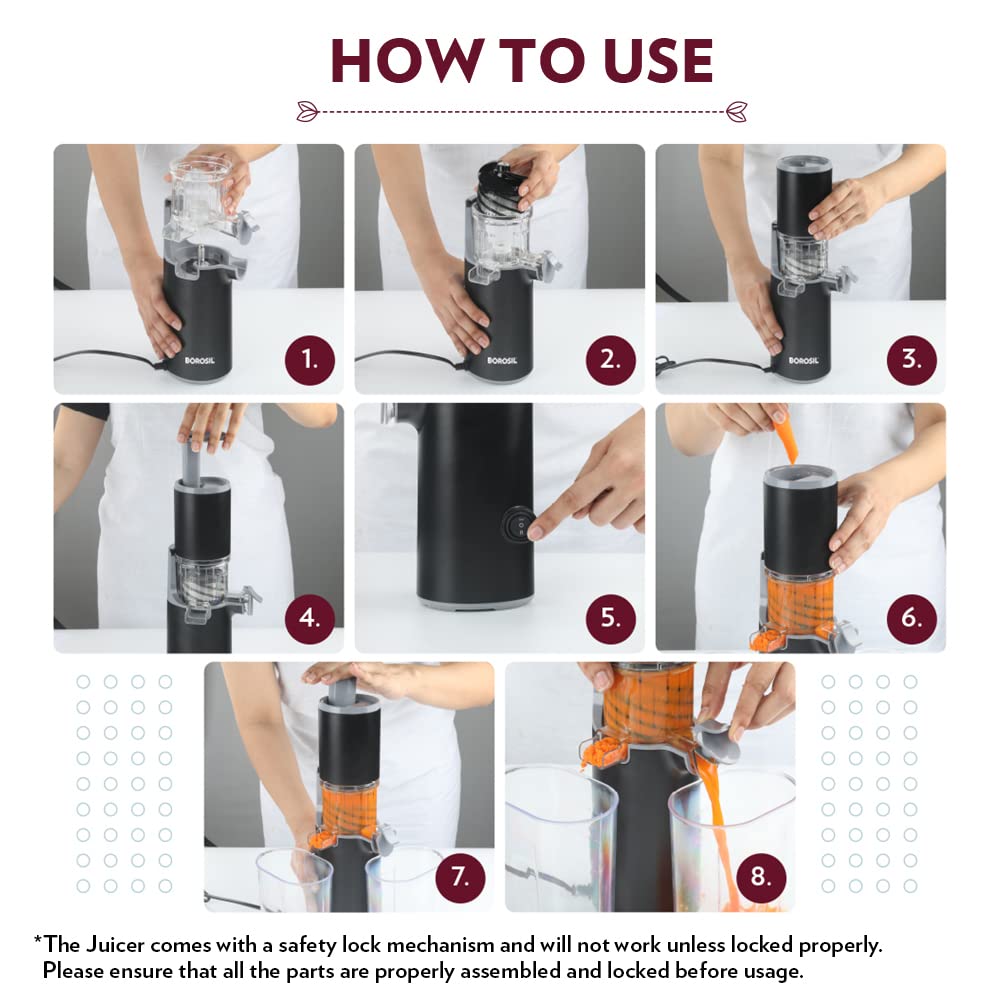 Borosil 130W Easy Cold Press Slow Juicer | Compact Design Portable Less Oxidation, Anti Drip Outlet Lid | Fruit & Vegetable Juicer | 1 Year Warranty | Black