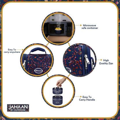 Oliveware TESO Musk Lunch Box | 3 Microwave-Safe Containers (2×420ml, 1×620ml) + 750ml Steel Bottle + 130ml Pickle Box + Steel Cutlery | Premium Carry Bag | Freezer & Dishwasher Safe (Blue)