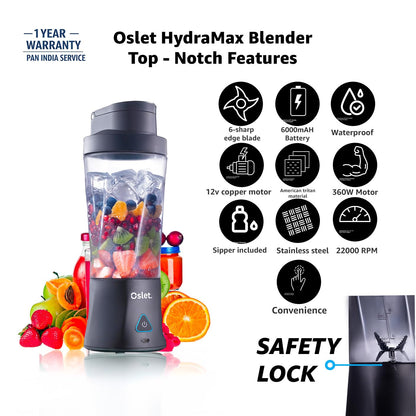 Oslet HydraMax 360W Portable Blender 700ml | 22,000 RPM | 6000mAh Battery (35+ Blends) | 6 Stainless Blades | Fast Charging | BPA-Free | Waterproof | Multi-Purpose for Smoothies, Shakes & Baby Food