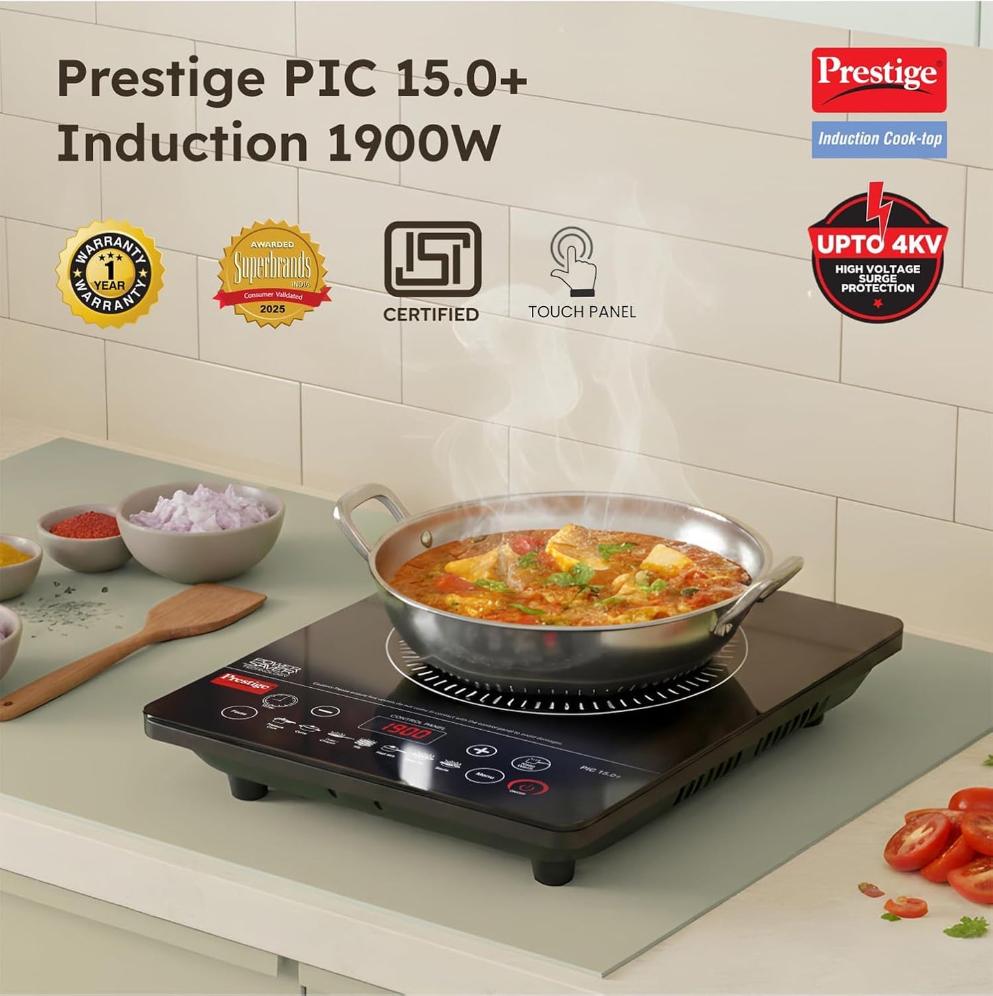Prestige PIC 15.0 Plus 1900 Watts Induction Cooktop | 4KV Surge Protection | 7 Preset Indian Menu Options with Timer | Touch Button | Easy to Clean | Black | 1Y Warranty | BIS