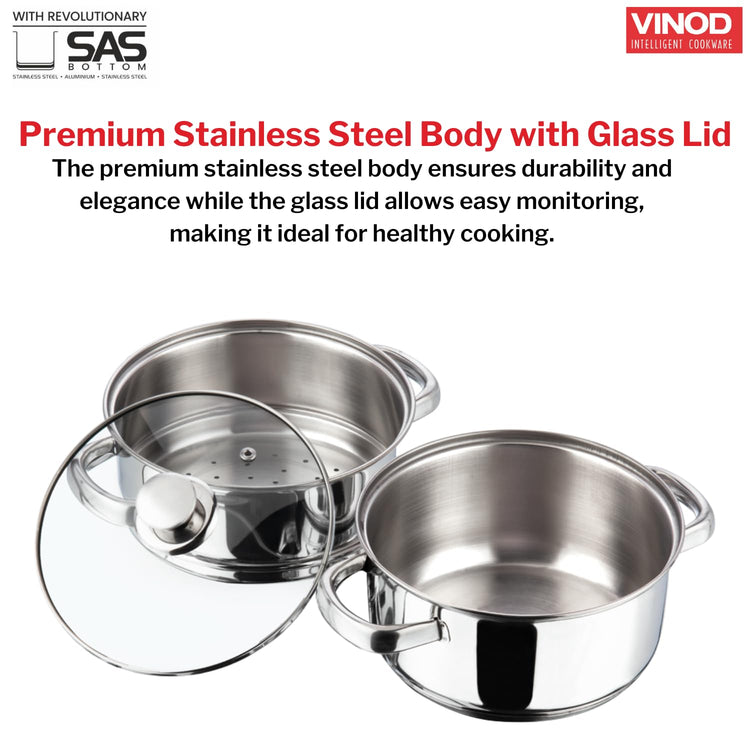 Vinod 2 Tier Stainless Steel Idli Steamer for Kitchen with Glass Lid - 18 cm | 2.5 mm Thick Base | Modak, Momo, Idiyappam, Vegetable, Puttu Maker and Steamer| Induction Base - 2 Year Warranty | Small