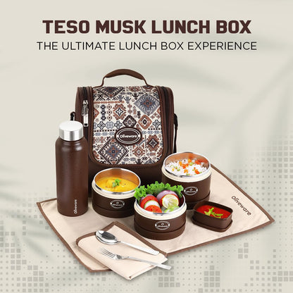 Oliveware TESO Musk Lunch Box | 3 Microwave-Safe Containers (2×420ml, 1×620ml) + 750ml Steel Bottle + 130ml Pickle Box + Steel Cutlery | Premium Carry Bag | Freezer & Dishwasher Safe (Brown)