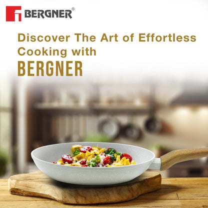 Bergner Naturally Forged Aluminum 28cm Frypan, Marble Non-Stick Coating, Less Oil Use, Scratch Resistant Frying Pan, Durable, Soft Touch Handle, Easy to Clean - Induction Bottom, Free Non-Woven Trivet