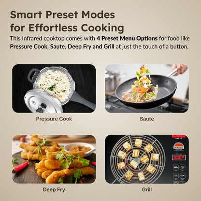 Prestige PIRC 1.0 2200 Watts Infrared Cooktop | Preset Indian Menu Options & Timer | Compatible With Any Metal Cookware With Flat Bottom | Easy to clean | Portable | Black | 1Y Warranty | BIS