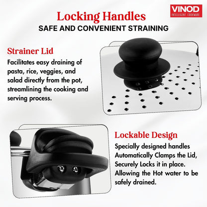 Vinod Stainless Steel Rice Pot with Strainer Lid - 4 L, 20cm | Noodles & Pasta Steamer, Rice Maker Cooker & Veggies Boiler with Locking Handles, 3-Layer SAS Induction Bottom, Small - 2 Year Warranty