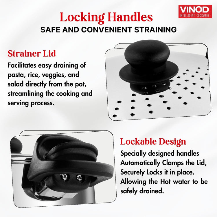 Vinod Stainless Steel Rice Pot with Strainer Lid - 4 L, 20cm | Noodles & Pasta Steamer, Rice Maker Cooker & Veggies Boiler with Locking Handles, 3-Layer SAS Induction Bottom, Small - 2 Year Warranty