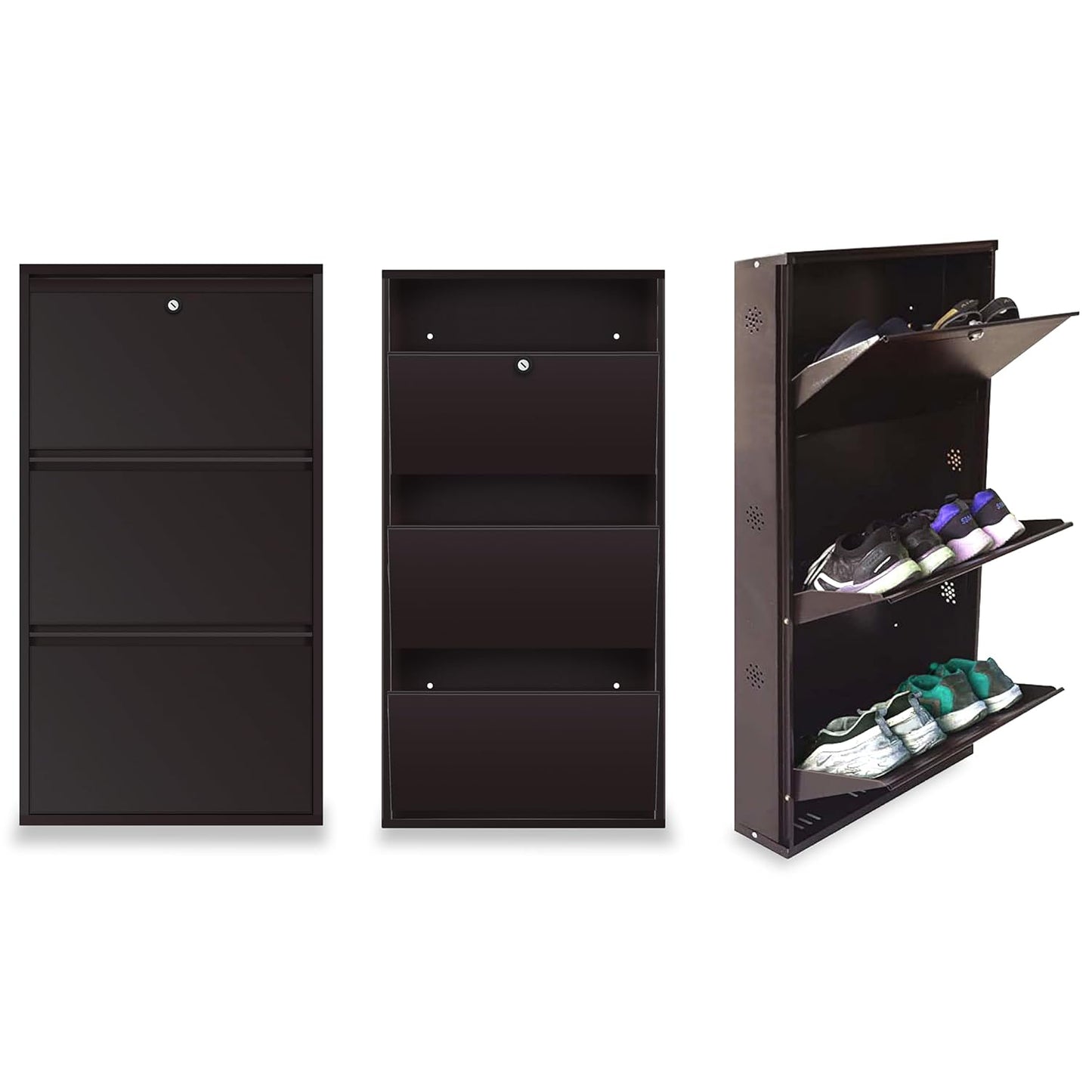 3 Tier Metal Shoe Rack for Home with Doors & Lock | Wall Mount Shoe Cabinet for Home | Space Saving Shoe Organizer Stand for Shoes, Chappals & Sandals. 21 Inch Wide (Brown)