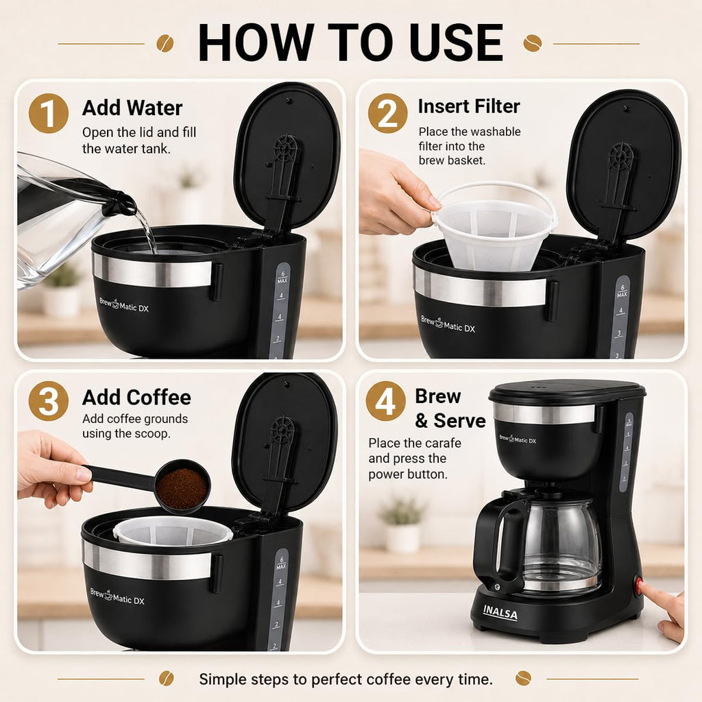 INALSA 6 Cups 650-Watt Coffee Maker with Anti Drip & Keep Warm Function|Overheat Protection|See Through 680 ML Carafe|630 ML Water Tank Capacity|Reusable Coffee Filter(Brew Matic DX)