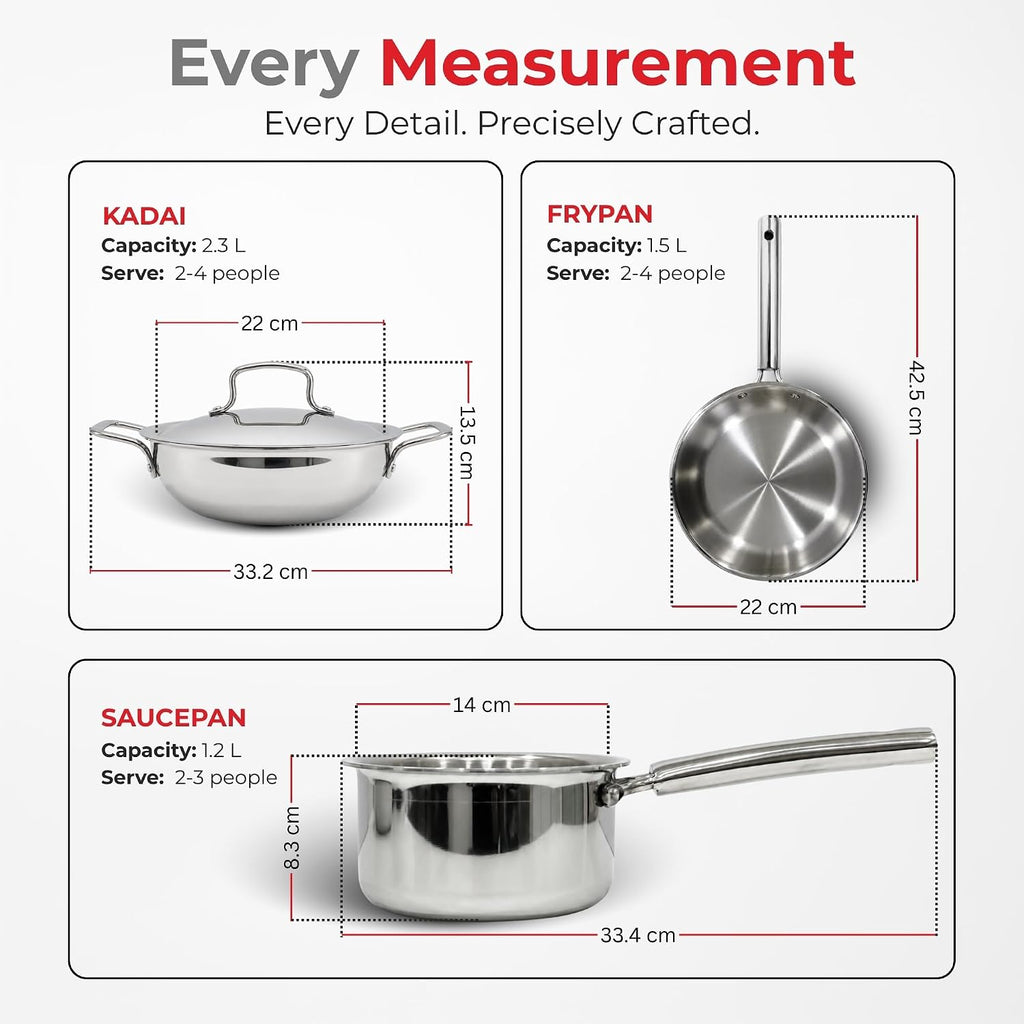 Vinod Grandior Triply Stainless Steel Cookware Set 4 Pcs - 22cm (2.3 L) Kadai, 22cm (1.5 L) Frypan, 14cm (1.2 L) Saucepan | 304 Food-Grade, 2.5mm Thick, Toxin-Free, Even Heating, Induction & Gas