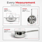 Vinod Grandior Triply Stainless Steel Cookware Set 4 Pcs - 22cm (2.3 L) Kadai, 22cm (1.5 L) Frypan, 14cm (1.2 L) Saucepan | 304 Food-Grade, 2.5mm Thick, Toxin-Free, Even Heating, Induction & Gas