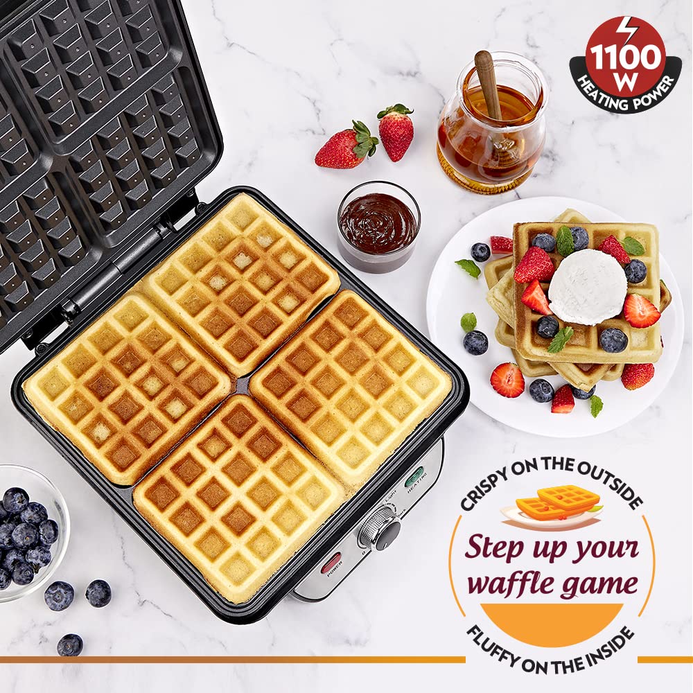 Borosil 1100W Jumbo Waffle Maker | Can Make 4 Waffles At a Time | Non-Stick Coating Plates Opens to 105°, BPA & PTFE Free | Power Indicators | 2 Year Warranty