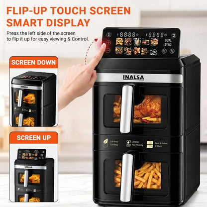 INALSA Double Basket Air Fryer 2800W & 14 L (7L+7L) Large Capacity |Non Toxic,BPA Free|PFOA Food Safety Certified|Cook 2 Full Meals Together|Flip Digital Screen|NutriFry DuoSlim
