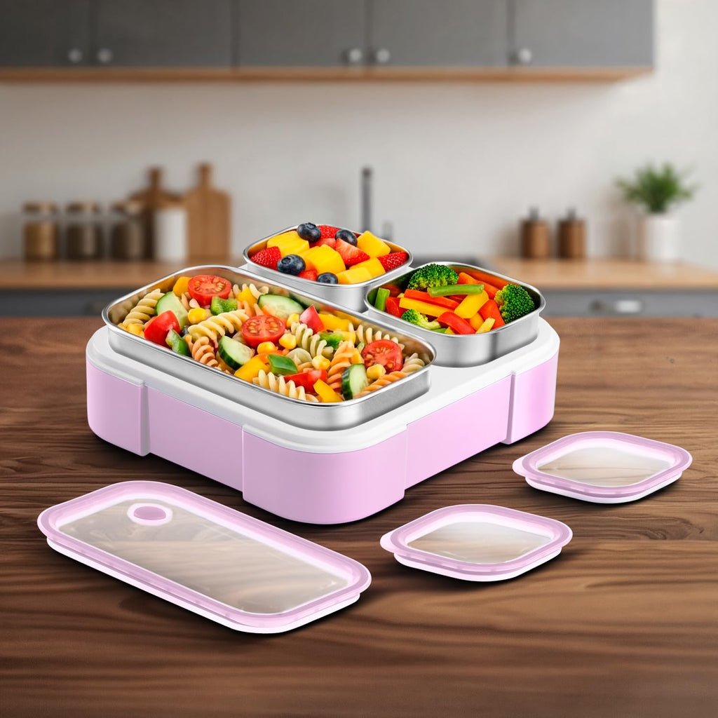 VAYA TYDBYT Stainless Steel Tiffin Box for Men, Kids Girls,1 Large & 2 Small Compartments, Bento Lunch Box, Smart Portions for Balanced Meals, Lilac Love