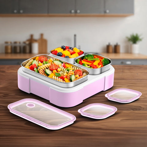 VAYA TYDBYT Stainless Steel Tiffin Box for Men, Kids Girls,1 Large & 2 Small Compartments, Bento Lunch Box, Smart Portions for Balanced Meals, Lilac Love