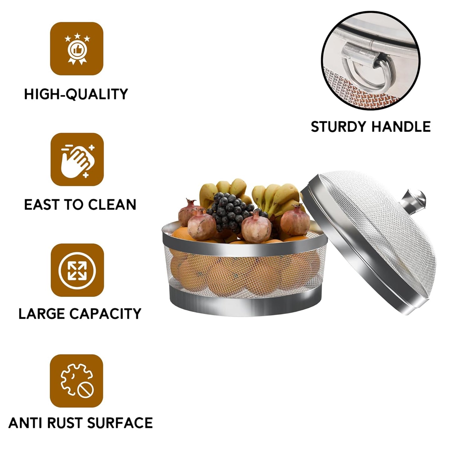 Devidayal 12" Stainless Steel Fruit Basket for Dining Table With Net Cover & Lid - Vegetable Organizer Bowl Storage/Holder for Kitchen