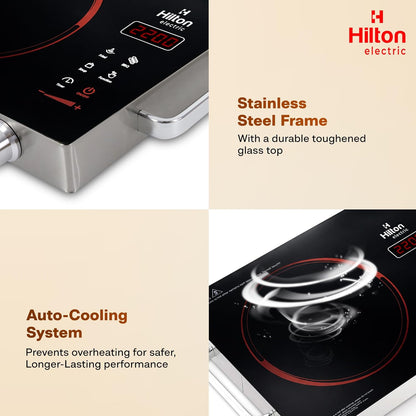 Hilton Electric Premium 2200-watt Radiant Infrared Cooktop with Free Stainless Steel Grill for barbecue |3 Preset Functions | Digital Display |Timer Control | Over Heating Protection(1 Year Warranty)