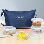Borosil Glass Daisy Microwave Safe Office Tiffin Lunch Box (Blue, 2 pcs 320 ml Square, 2pcs 240 ml Round) -Set of 4